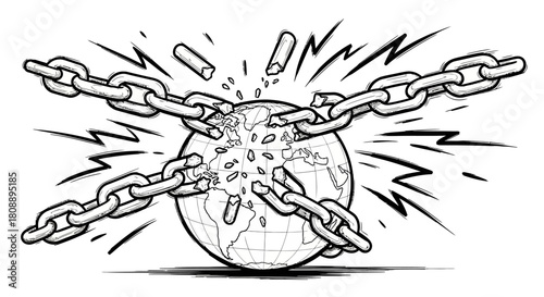 Black and white illustration of chains breaking around the Earth, symbolizing global freedom and liberation.