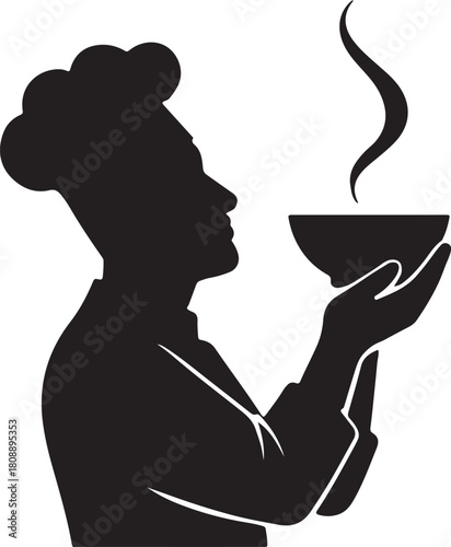 Chef profile silhouette holding a steaming bowl, food aroma concept