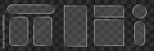 Transparent Glass Interface Elements on Black and White Checkered Background with Rounded Rectangles Circles and Buttons in Realistic Glossy 3D Style Digital Illustration Vector Artwork Design
