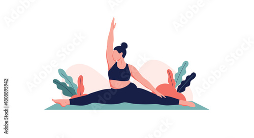 Woman doing yoga splits pose on a mat with abstract plants in the background.