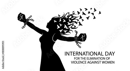 Silhouette of a woman breaking free from chains, symbolizing the elimination of violence against women.