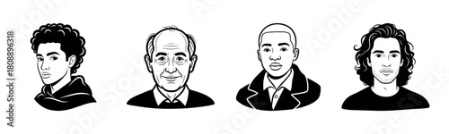 Illustrated portraits of diverse males: young, elderly, and adult representations