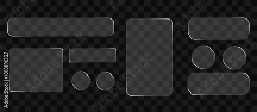 Transparent Glass Interface Elements on Black and White Checkered Background with Rounded Rectangles Circles and Buttons in Realistic Glossy 3D Style Digital Illustration Vector Artwork Design