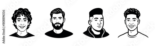Diverse male portraits: young caucasian and african illustrations