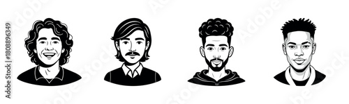 Black and white cartoon portraits of young diverse males with different hairstyles
