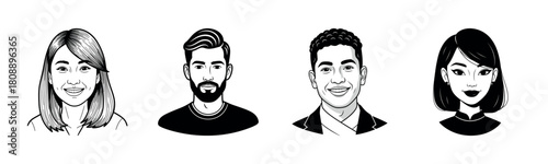 Diverse portraits of young adults - black and white illustrations