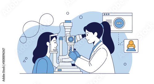 Ophthalmologist examining a patient's eye with a slit lamp microscope in a modern clinic.