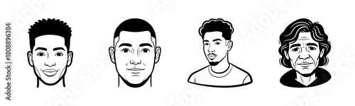 Diverse male faces: young to mature illustrations in black and white