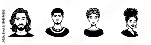 Stylized portraits of diverse individuals: young male and female faces