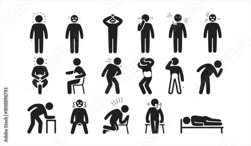 Medical Pain Symptom Icon Set with Stick Figures Showing Discomfort and Illness