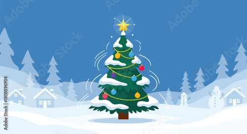 Festive cartoon Christmas tree decorated with ornaments and topped with a star in a snowy winter landscape.