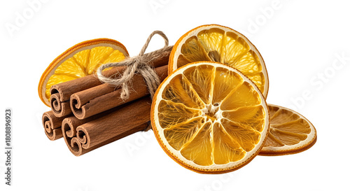 Dried orange slices with cinnamon sticks isolated on transparent background, natural spice and citrus ingredient for food decoration, aroma and holiday concept, PNG