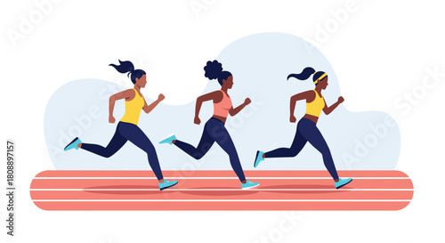 Three diverse women running a race on a track, representing fitness and competition.