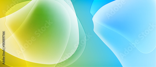 Abstract fluid shapes blend yellow, green, blue hues. Soft gradients create calming visual experience. Light plays across translucent forms.