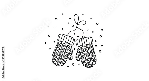 Hand drawn illustration of knitted mittens hanging together with a bow and falling snowflakes.