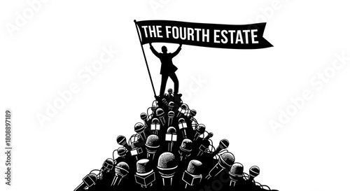 Illustration depicting a person holding a banner reading "The Fourth Estate" atop a pile of microphones.