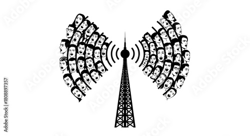 A broadcast tower is depicted emitting signals that are visually represented by a fan of human faces with open mouths, suggesting mass communication or widespread influence.