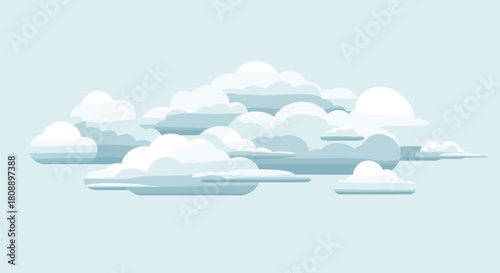 A stylized illustration of various fluffy clouds against a pale blue sky.
