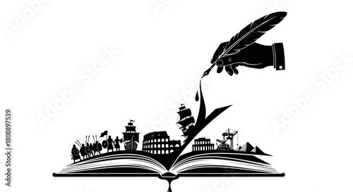 A detailed illustration depicting a hand with a quill pen writing over an open book with cityscapes.