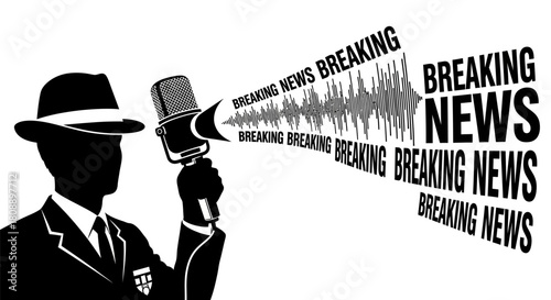 Silhouette of a man in a suit and fedora shouting breaking news through a megaphone.