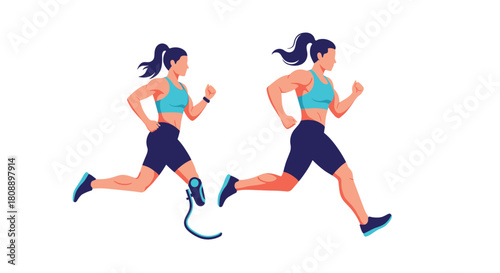 Two women running, one with a prosthetic leg, showcasing adaptive sports and athleticism.