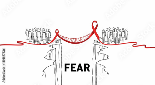 A symbolic representation of overcoming fear through connection, depicted as a bridge made of red ribbons connecting two groups of people across a chasm labeled 'FEAR'.