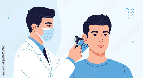 Doctor wearing a mask examines a patient's ear with an otoscope.