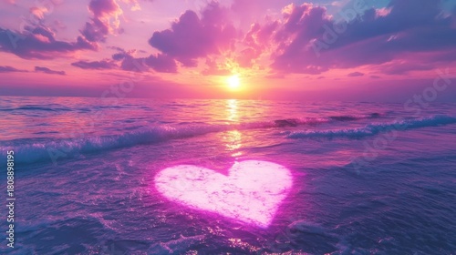 Glowing pink heart on the ocean at colorful sunset