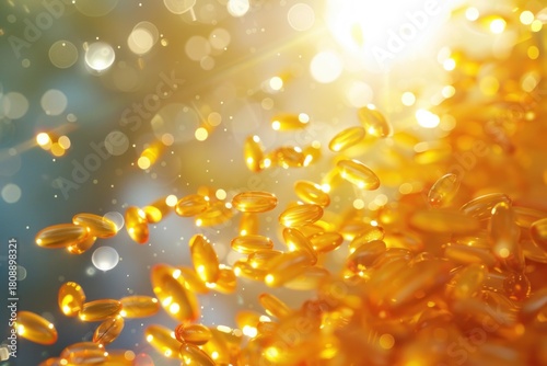 Fish oil capsules flying and sparkling on a sunny background with bokeh