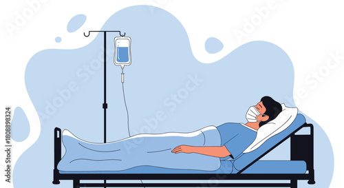 Patient wearing a mask lies in a hospital bed with an IV drip bag and stand.