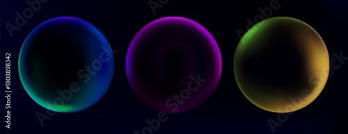 Abstract spheres set with color gradient isolated on black background. Vector realistic illustration of neon blue, purple, yellow holographic bubbles, fluid ball, aura effect, geometric design element