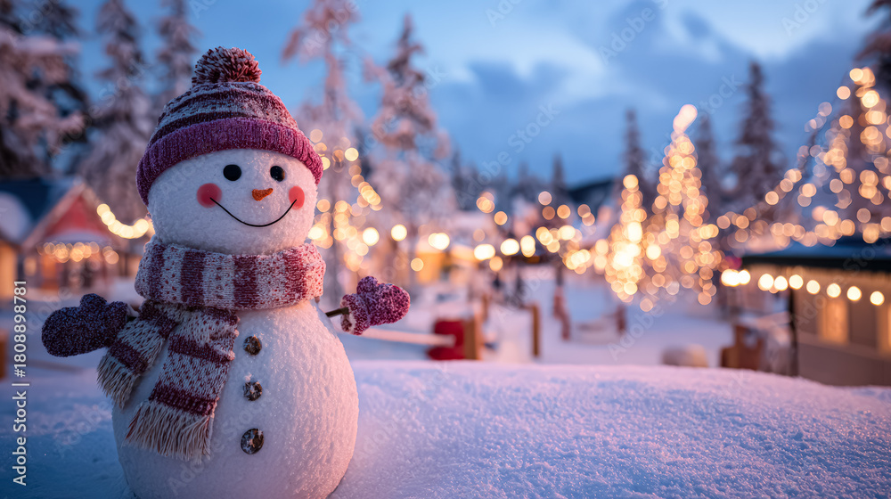 Naklejka premium Cheerful snowman wearing a scarf and hat stands in a snowy landscape, surrounded by twinkling lights and festive decorations