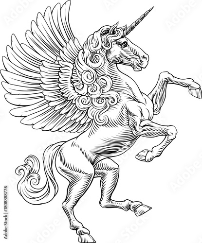 A heraldry coat of arms crest style rearing heraldic unicorn Pegasus winged horse standing on hind legs in a vintage style