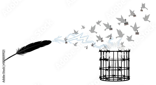 Illustration of a feather pen releasing birds from a cage, symbolizing freedom of expression.