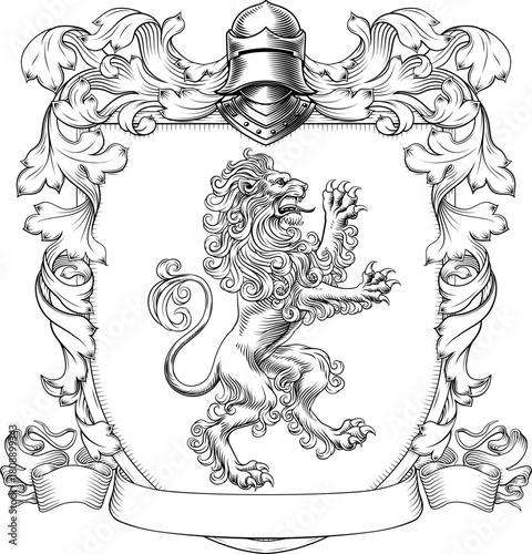 A lion coat of arms or crest family heraldry medieval heraldic knight shield with helmet and acanthus filigree scroll ornament in a vintage woodcut style.