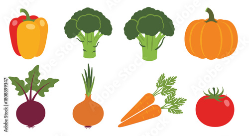Collection of eight colorful and healthy vegetables isolated on a white background.