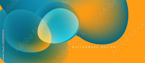Abstract shapes overlap, creating vibrant blue, orange gradients. Modern design suggests fluidity, energy, visual appeal. Background features text.