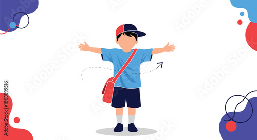A young boy wearing a cap and satchel stands with arms outstretched against a white background with abstract shapes.