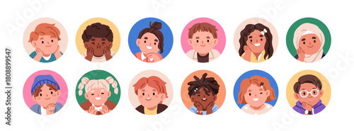 Kid avatars set. Cute kindergarten children faces smiling in round frames, circles. Head portraits, user profiles, preschool boys and girls. Flat vector illustrations isolated on white background