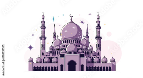 Stylized illustration of a majestic purple mosque with sparkling stars and celestial elements.