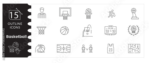 Basketball Icon Set. Sport, Hoop, Team Play, Championship Vector Collection, Basketball Symbols Pack ,Ball, Hoop, Net ,Athletic Game Illustration Set, Sport Basketball Vector Icons. Editable Stroke