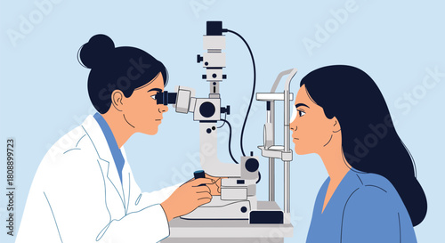 Ophthalmologist examining a patient's eye with a slit lamp microscope in an examination room.