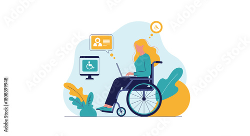 Woman in a wheelchair using a laptop with accessibility icons on a screen and in thought bubbles.