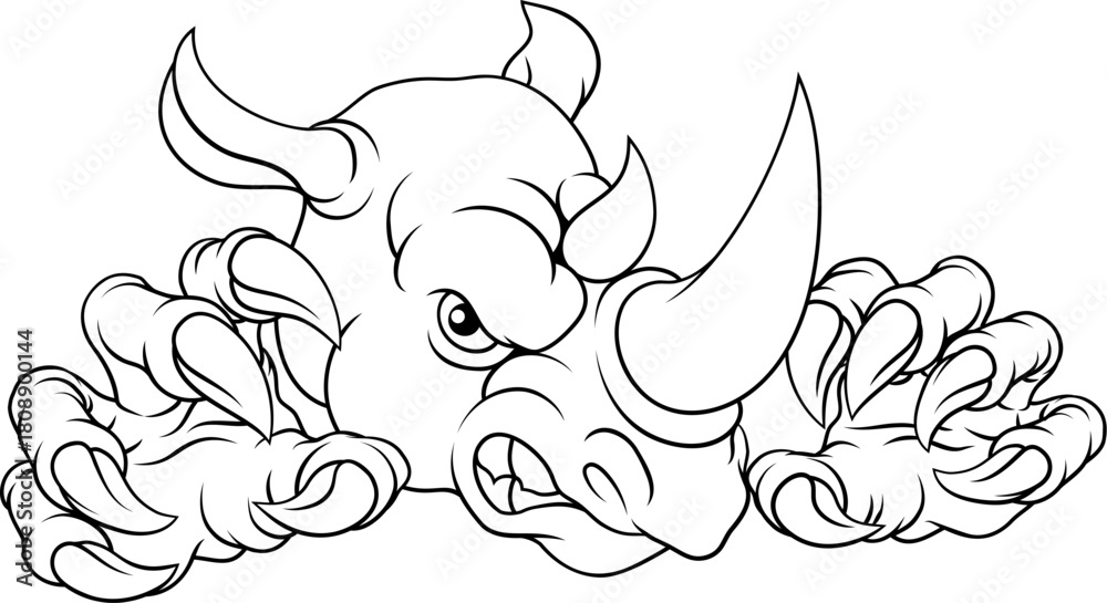 Fototapeta premium A rhino or rhinoceros mean, angry cartoon animal sports mascot