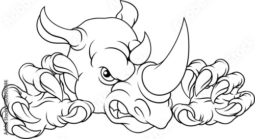 A rhino or rhinoceros mean, angry cartoon animal sports mascot