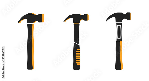 Three stylized hammers with black heads and orange-yellow handles on a white background.