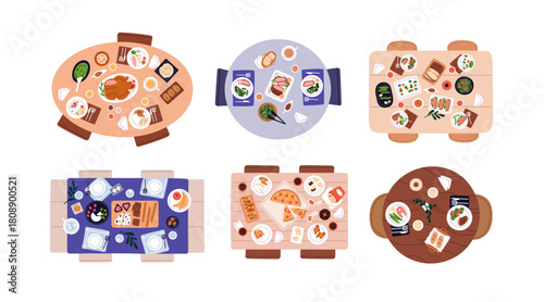 Tables with meal, food from top view. Festive dining servings set, dinners with meat and vegetable dishes, drinks, snacks, chicken and utensils. Flat vector illustration isolated on white background