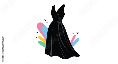 A stylish black dress with a cinched waist and flowing skirt, set against colorful abstract shapes and sparkling elements.