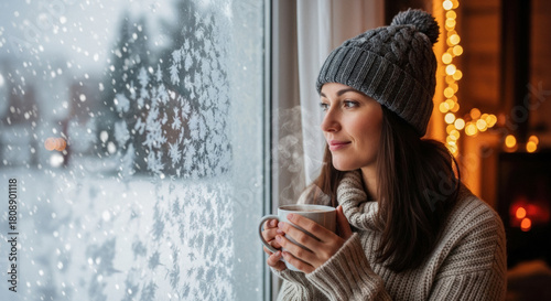 Woman in cozy knit hat gazing at snow falling outside window while sipping warm drink, creating a sense of warmth and quiet contemplation.