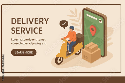 Online Delivery Service Web Banner Template. Courier on Scooter Delivering Parcel Box. Smartphone with Mobile App for Delivery Tracking. Smart Logistic Concept. Flat Isometric Vector Illustration.